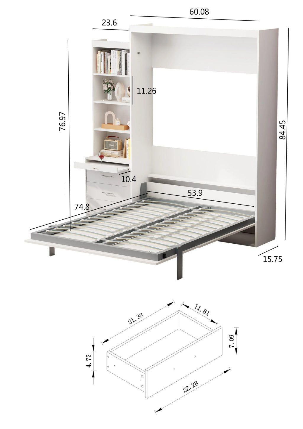 White Full Size Vertical Murphy Bed with Shelf and Drawers D11768