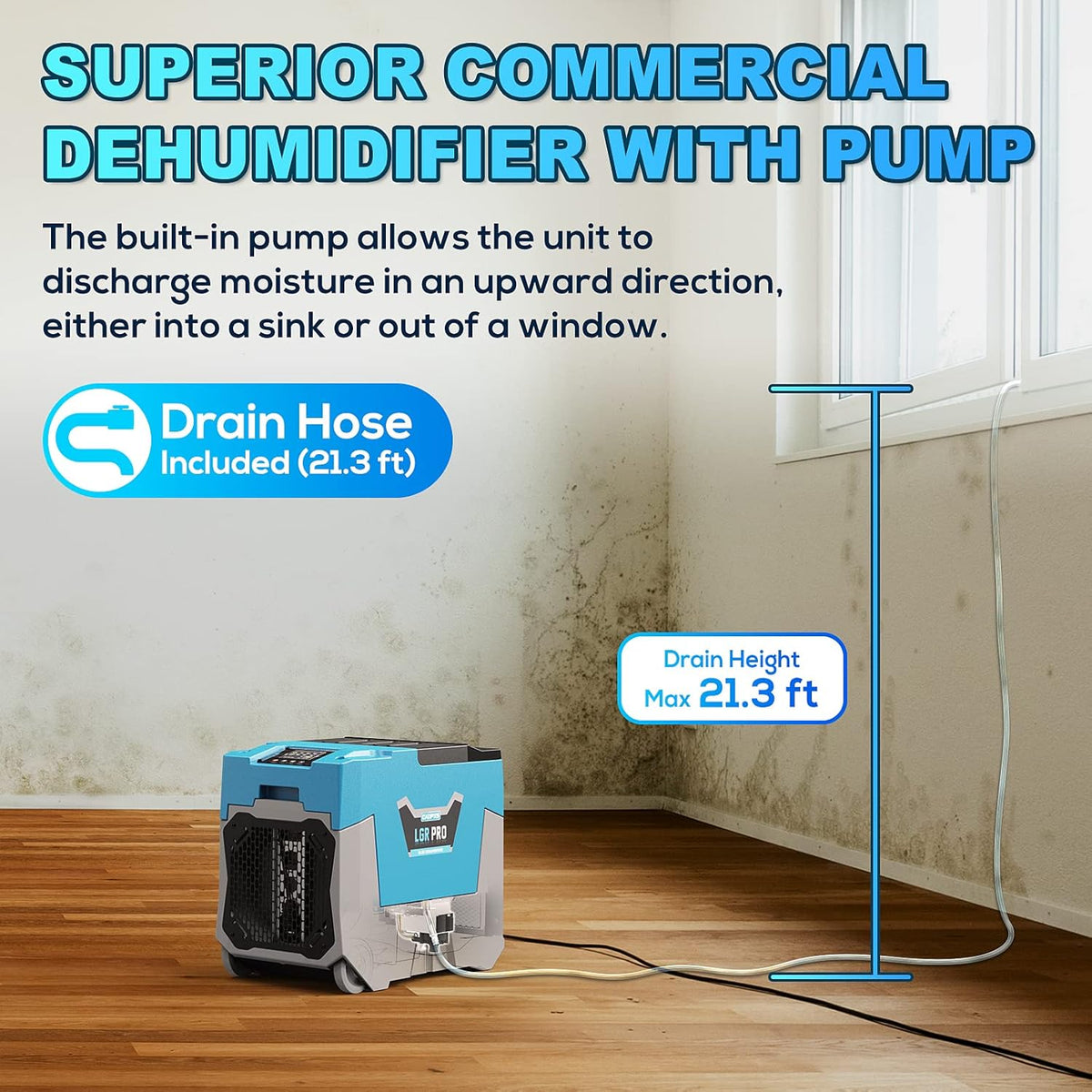 Commercial Dehumidifier with Pump & Drain Hose, Up to 13.39 Gallons/Day M469