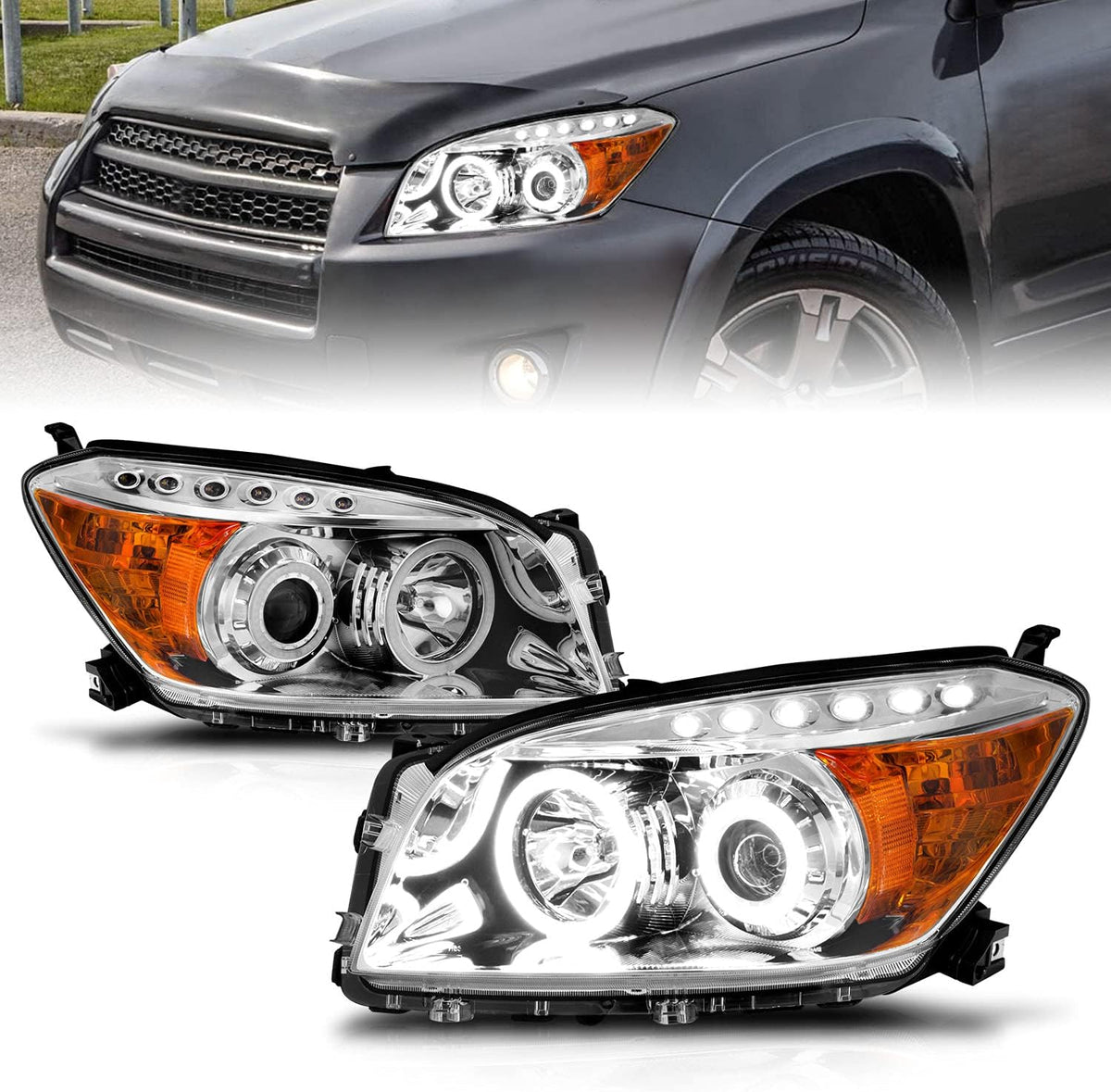 Chrome Dual LED Halo Projector Headlights Set for Toyota Rav4 E25625