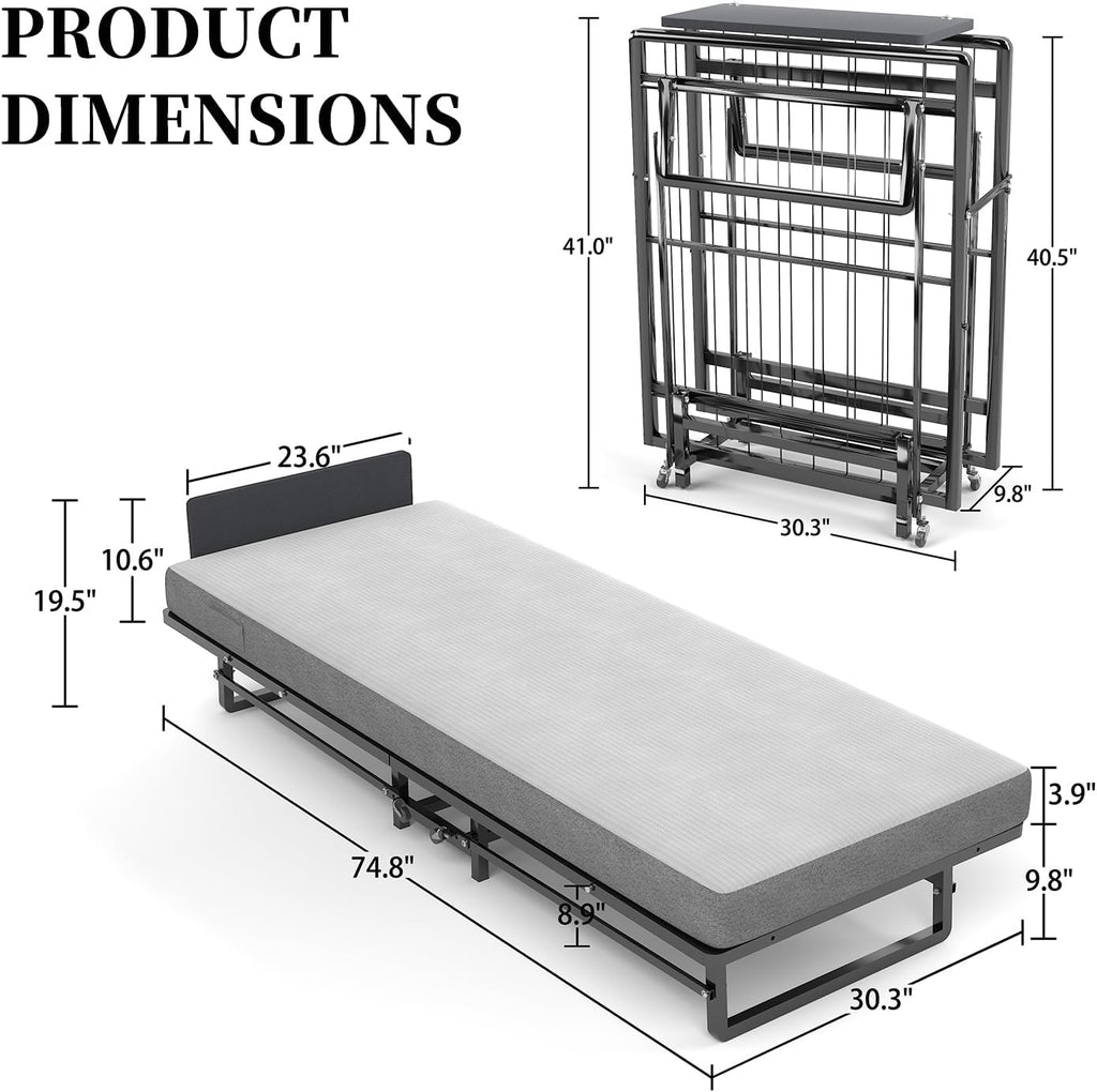 Folding Bed with 4-Inch Mattress, Metal Cot Size Rollaway Bed on Wheels O2252