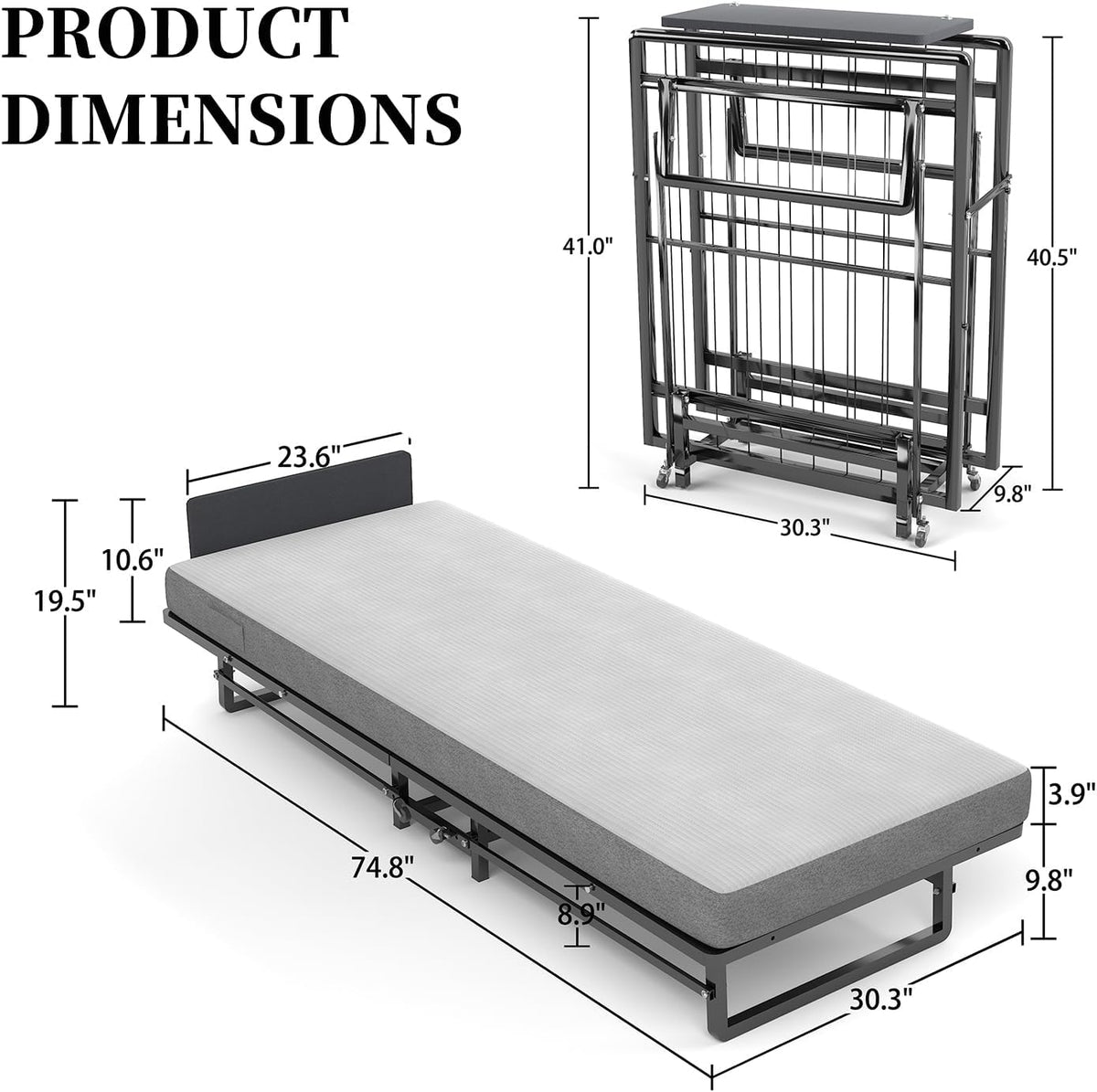 Folding Bed with 4-Inch Mattress, Metal Cot Size Rollaway Bed on Wheels O2252
