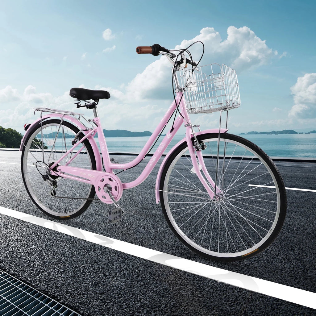 26 inch Commuter Bicycle with 7-speed, Baskets, Pink Y846
