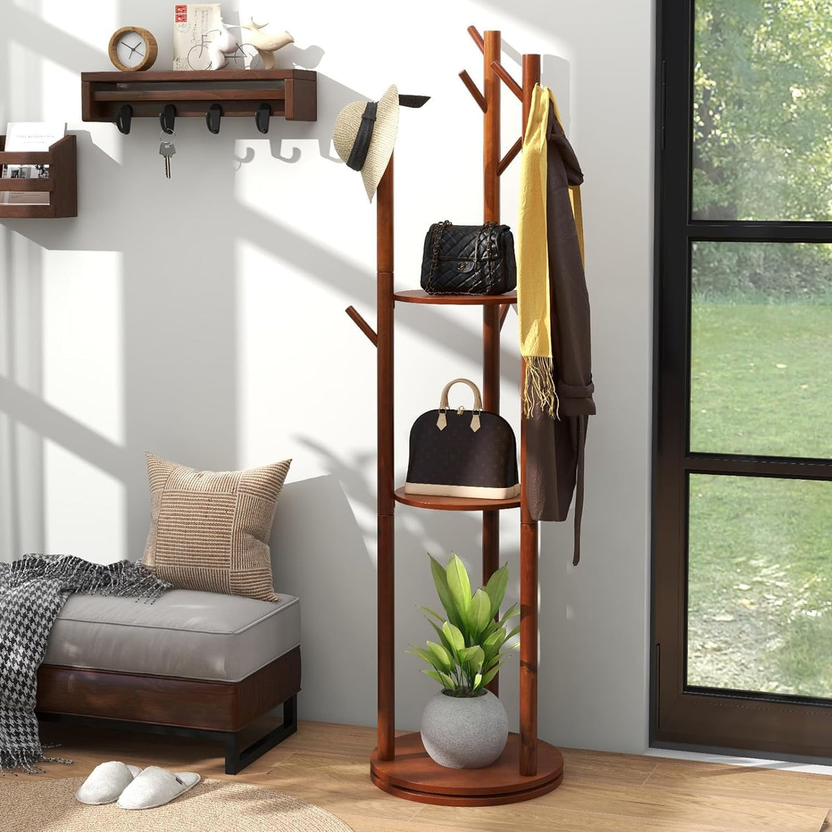 Walnut Wooden Freestanding Coat Rack with 3 Shelves and 9 Hooks J2486