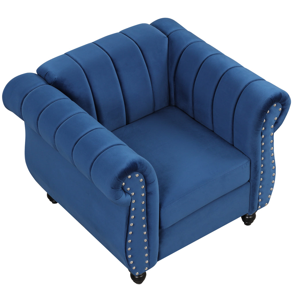 Blue Buttoned Tufted Sofa with Solid Wood Legs R70991