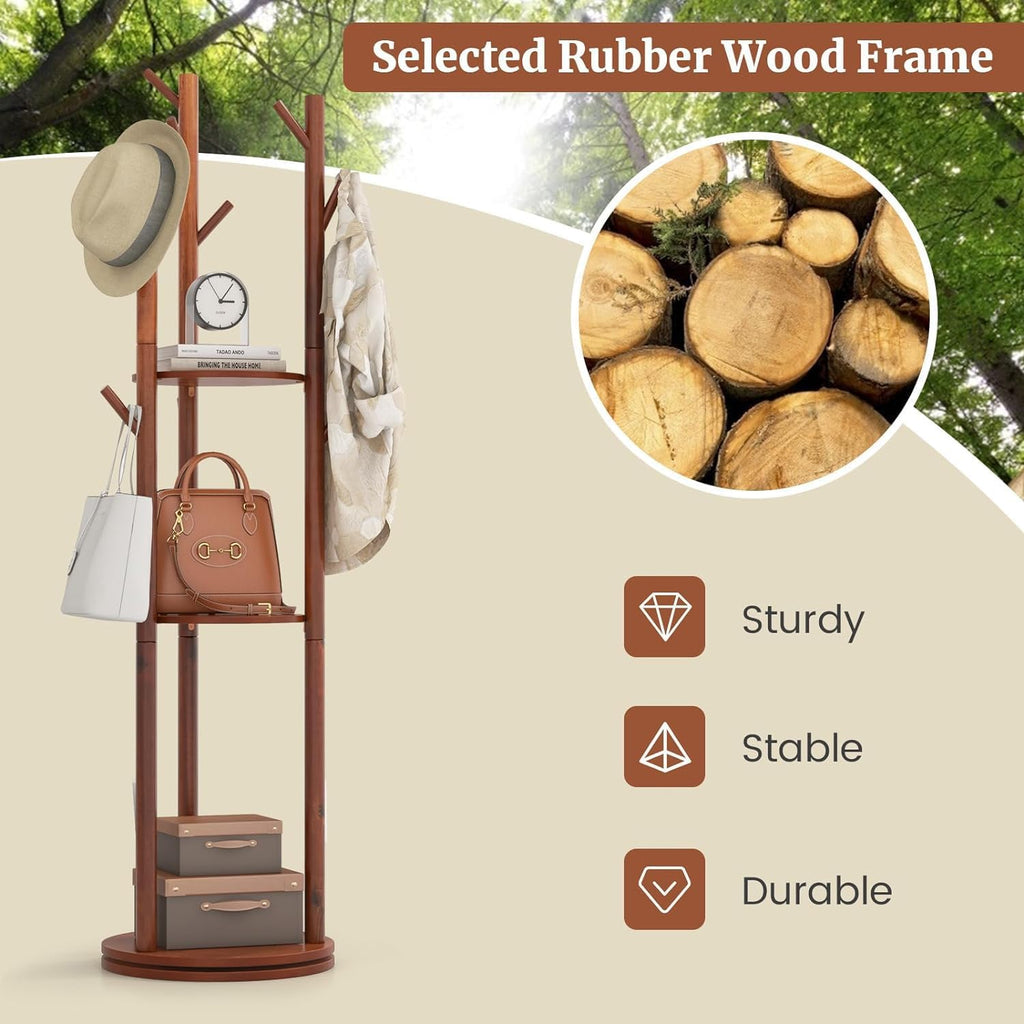 Walnut Wooden Freestanding Coat Rack with 3 Shelves and 9 Hooks J2486