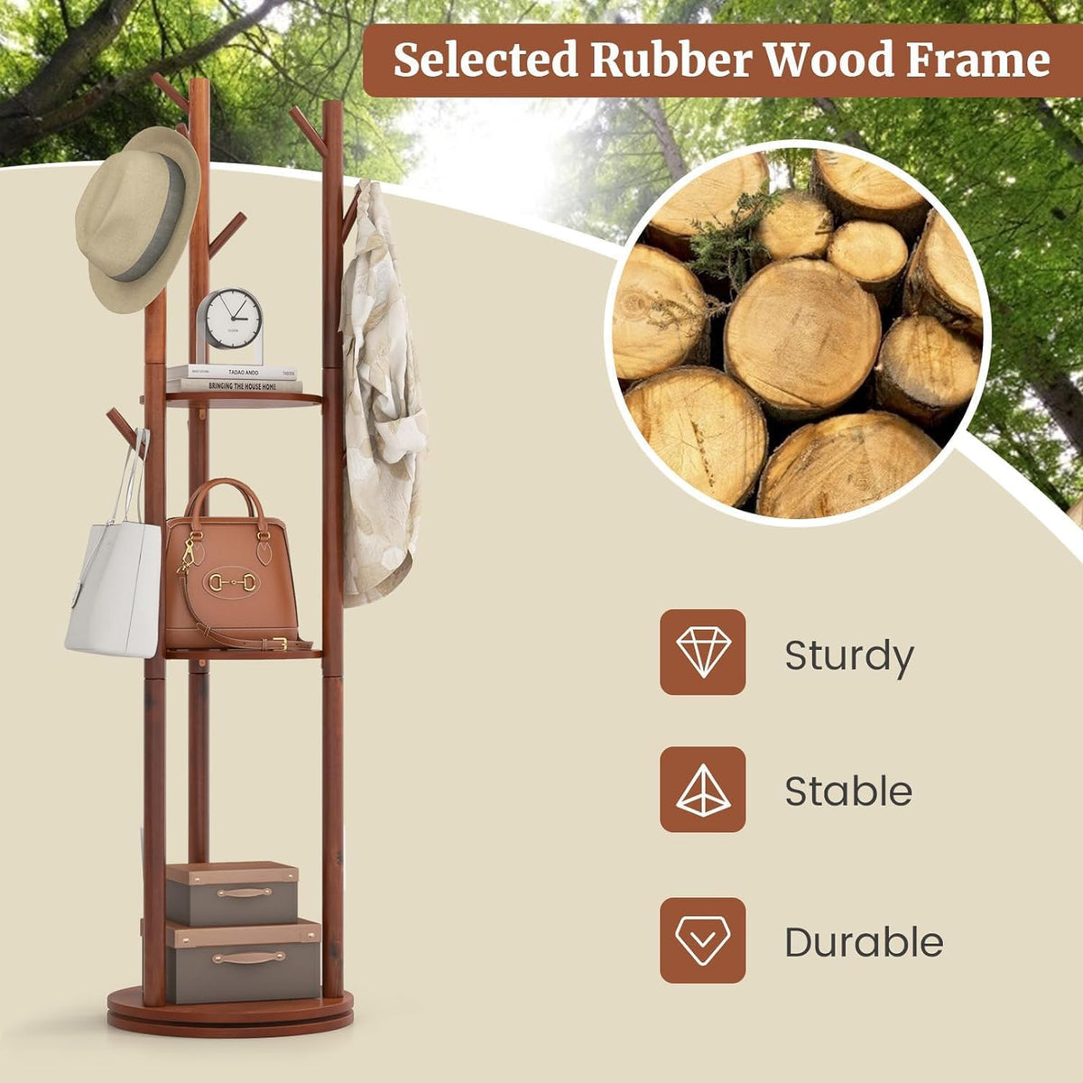 Walnut Wooden Freestanding Coat Rack with 3 Shelves and 9 Hooks J2486