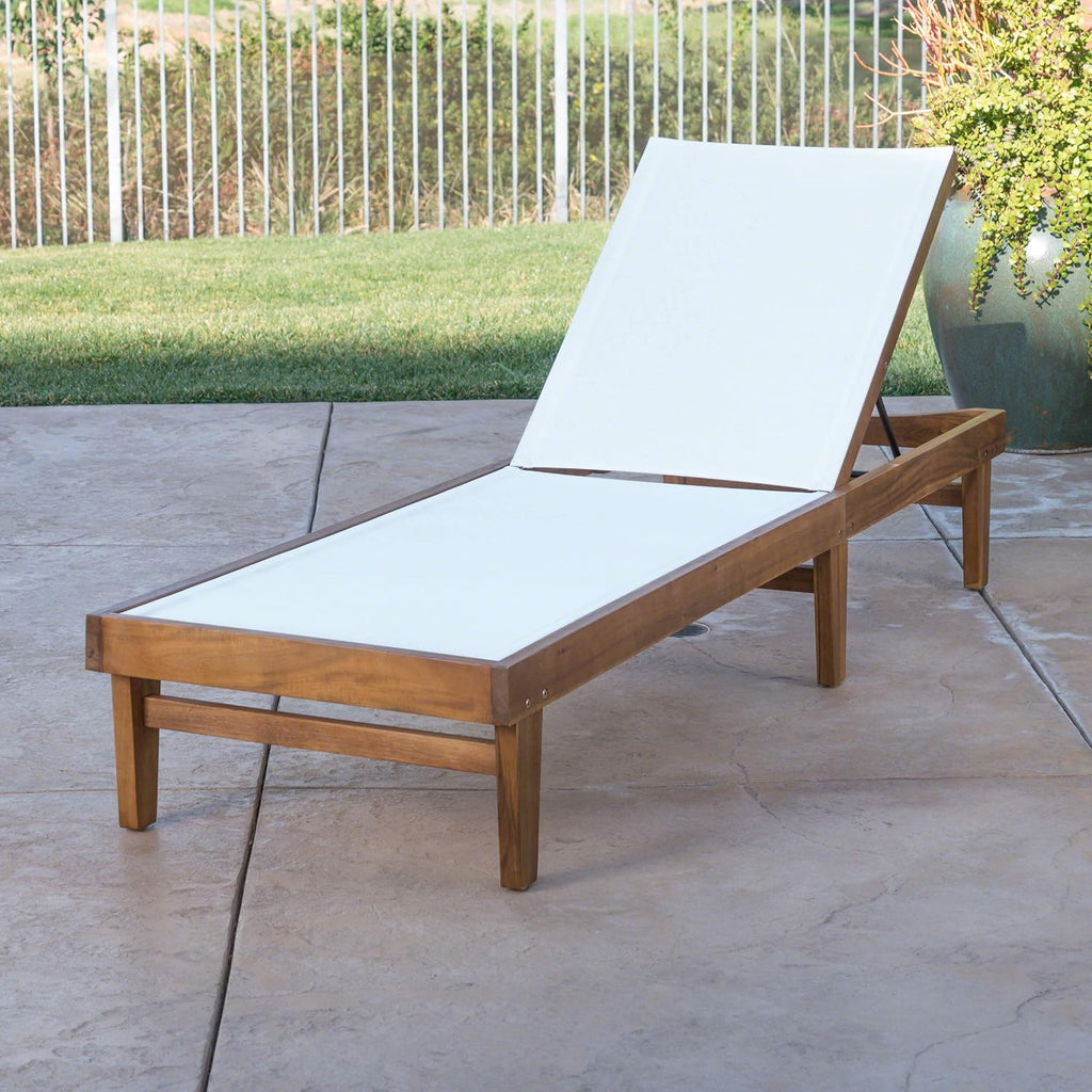 Teak Finish White Mesh Outdoor Chaise Lounge P669
