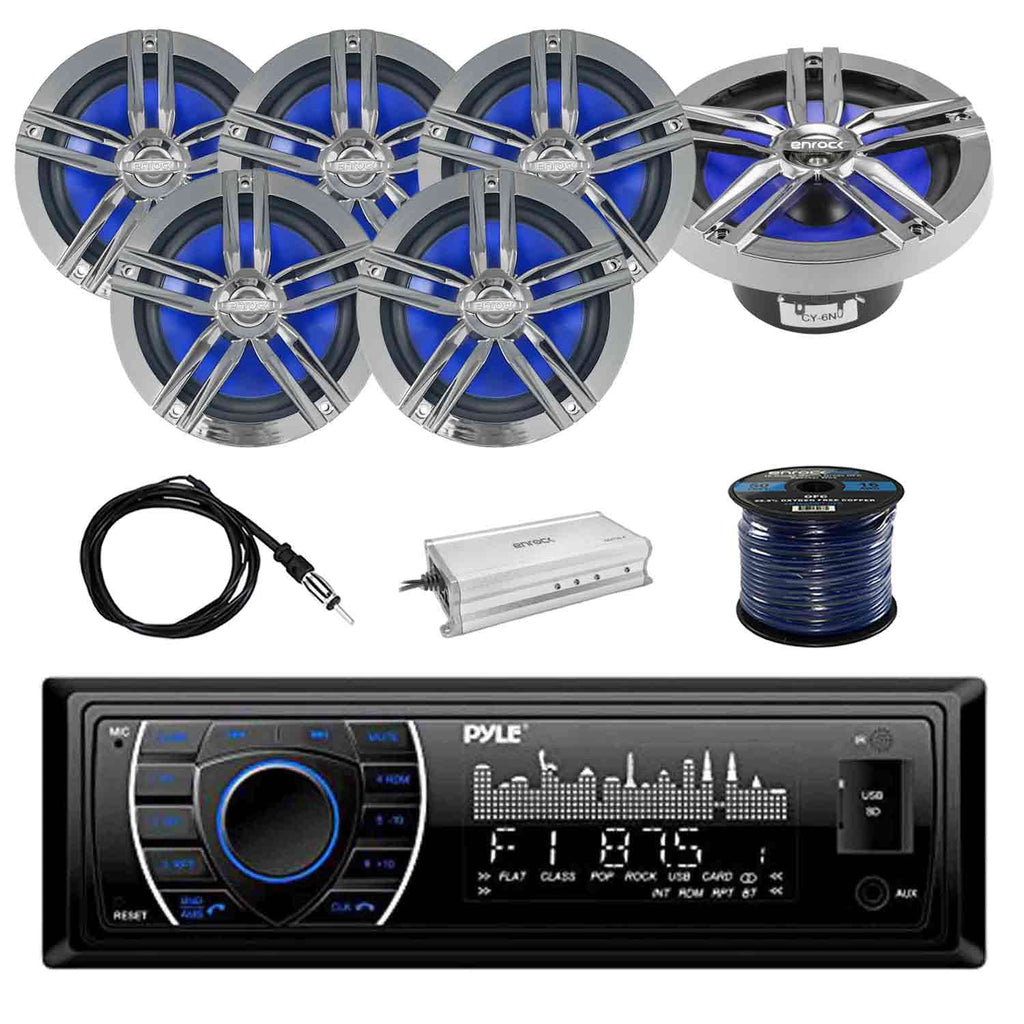 Marine Receiver Stereo with 2-Way 180W 6.5" Loud-SPKR, 3-Pairs, Antenna, 4-Chan Amplifier & 50' 16G SPKR Wire Q987197