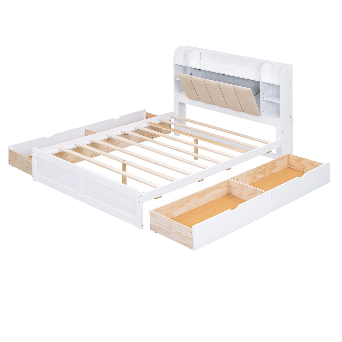 White Wood Queen Size Platform Bed with Storage Headboard and Four Drawers H902534