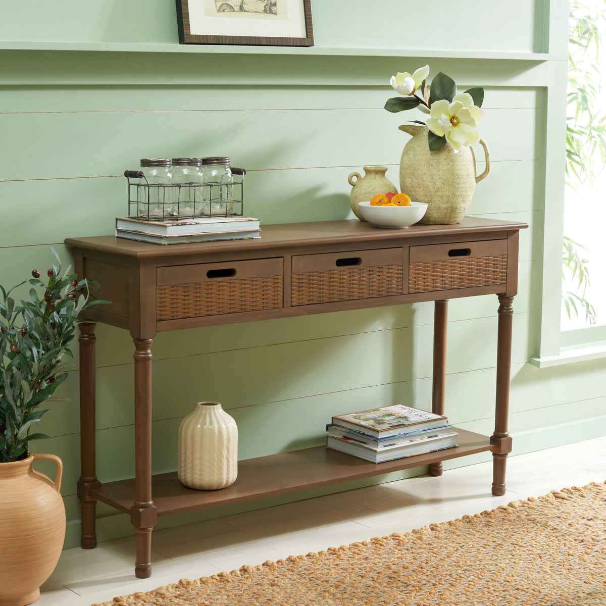 Rustic Brown Wood 3-Drawer Console Table T667