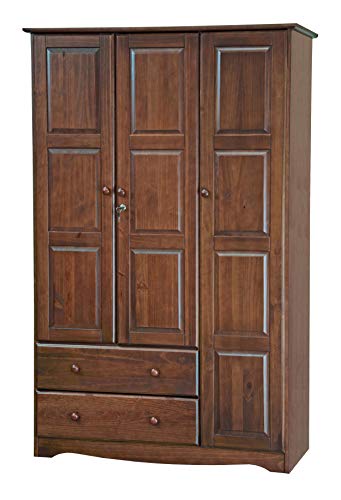 100% Solid Wood Armoire Wardrobe Closet, Java, 4 Shelves, 1 Clothing Rod, 2 Drawers, 1 Lock E852
