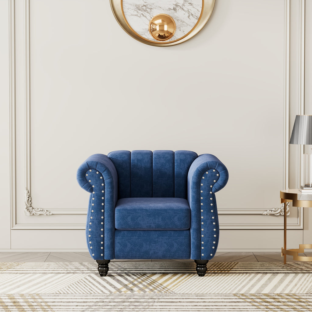 Blue Buttoned Tufted Sofa with Solid Wood Legs R70991