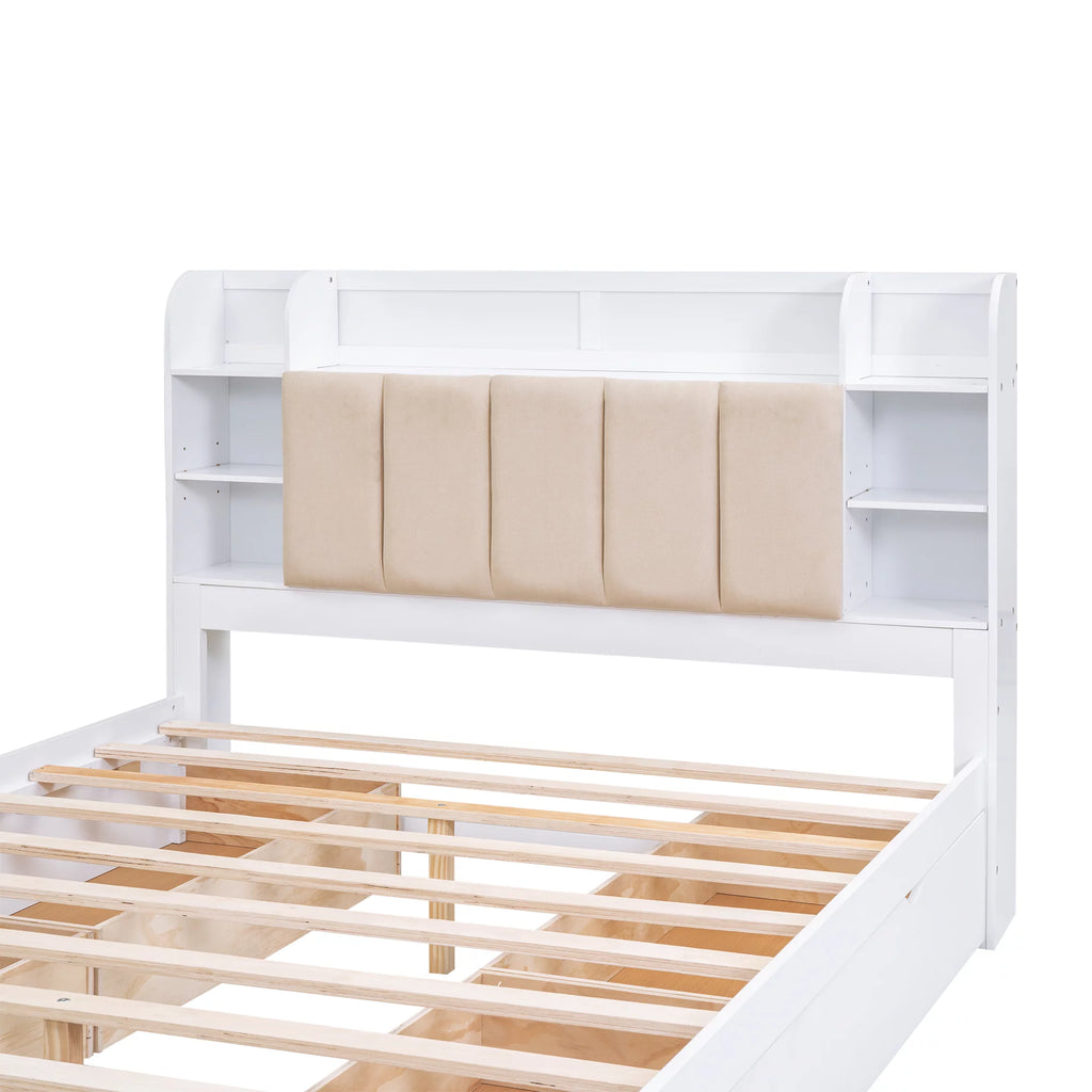 White Wood Queen Size Platform Bed with Storage Headboard and Four Drawers H902534