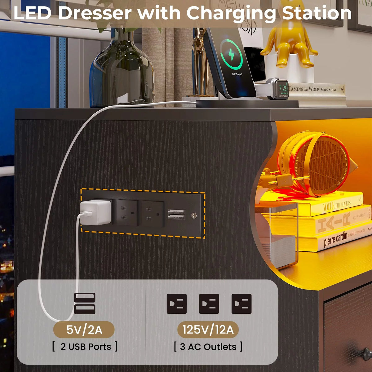 Black 4 Drawer Dresser with LED Lights and Charging Station A5438