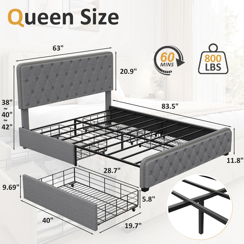 Queen Size Platform Bed Frame with 4 Storage Drawers and Upholstered Headboard, Dark Grey H5303