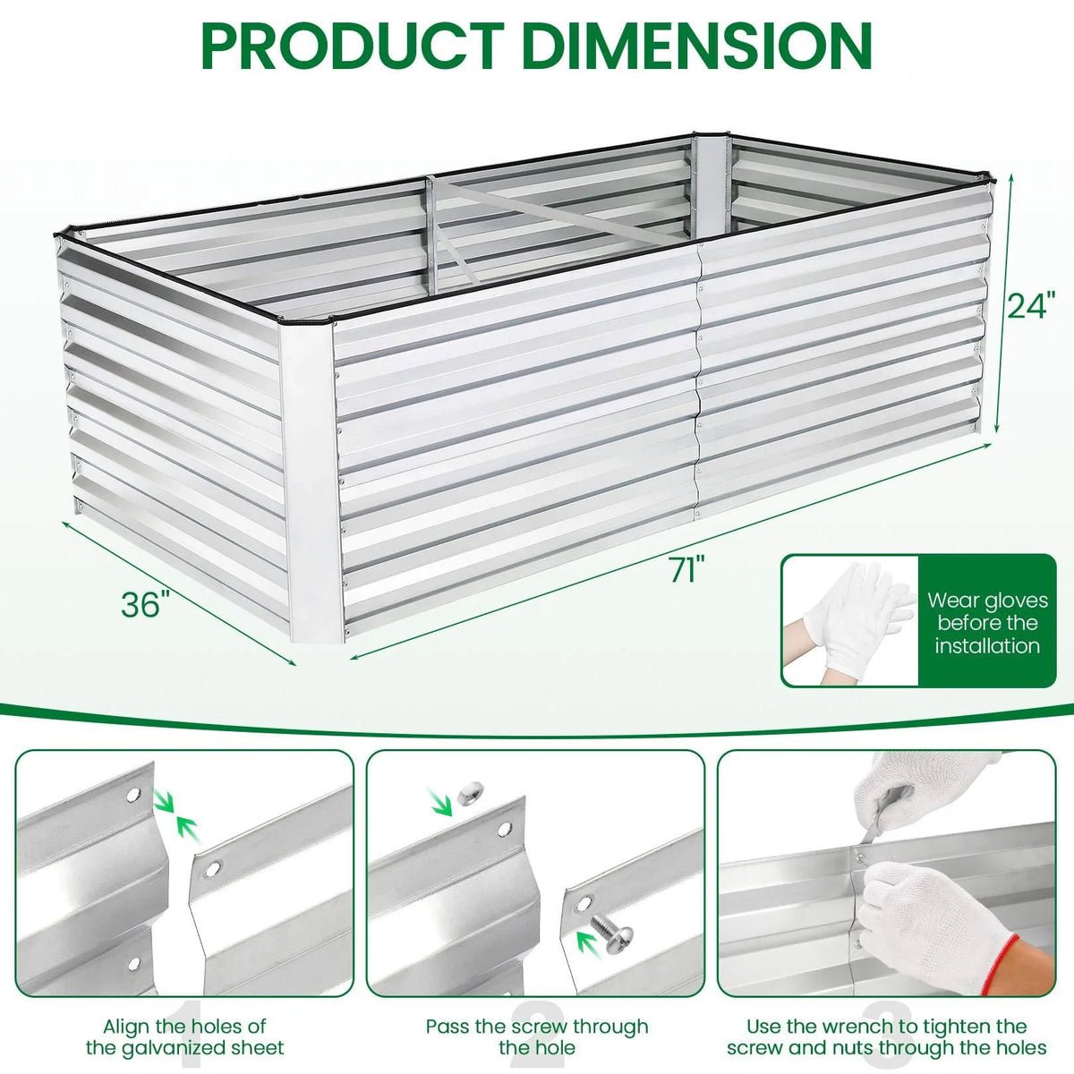 Galvanized Steel Raised Garden Bed with Liner 6ftx3ftx2ft J240
