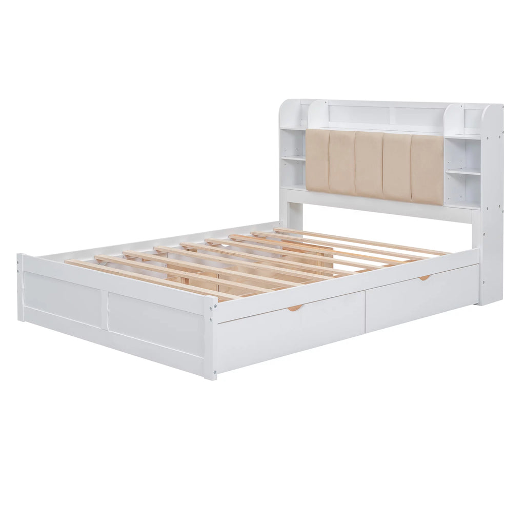 White Wood Queen Size Platform Bed with Storage Headboard and Four Drawers H902534