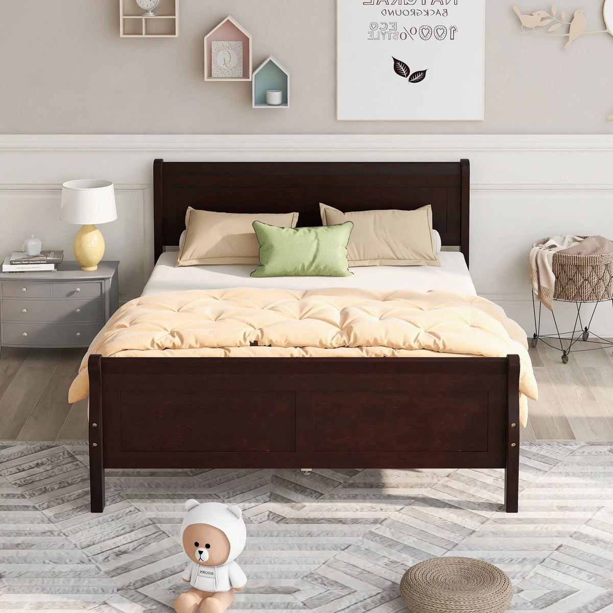 Wood Frame Sleigh Bed with Footboard Espresso Queen J11987