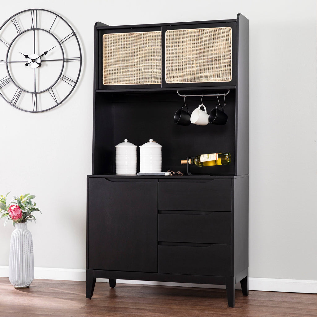 Black Wood Rattan Storage Buffet Cabinet T53771