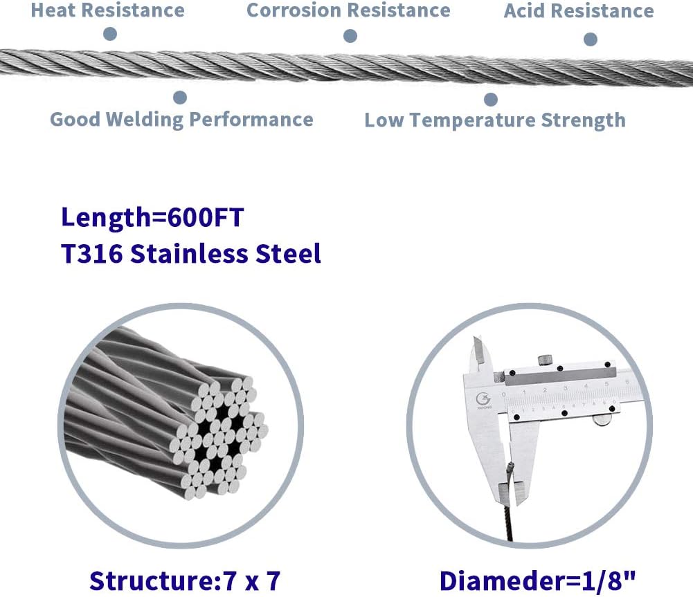 1/8 T316 Stainless Steel Cable 600FT Wire Rope X63382