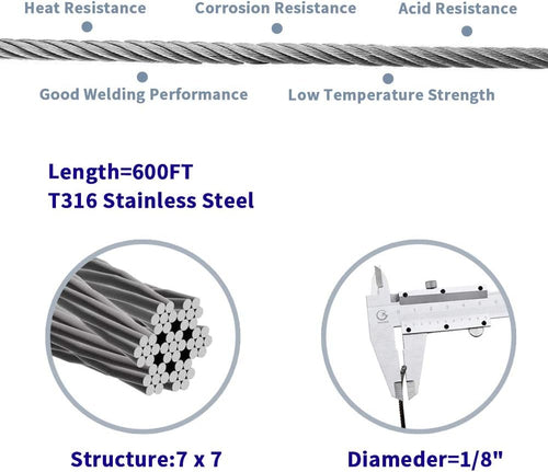 1/8 T316 Stainless Steel Cable 600FT Wire Rope X63382