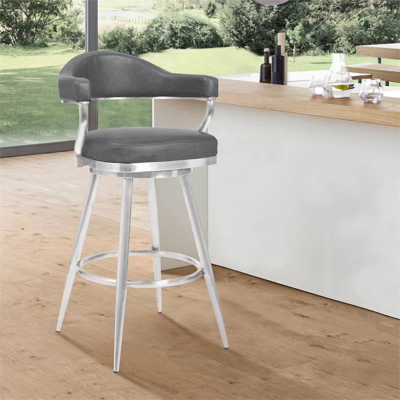 30 inch Bar Height Barstool in Brushed Stainless Steel and Vintage Grey Faux Leather F63228