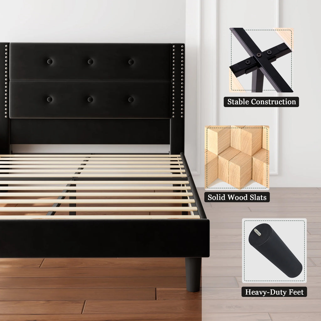 Queen Black Velvet Upholstered Platform Bed Frame with Tufting Headboard Q62681