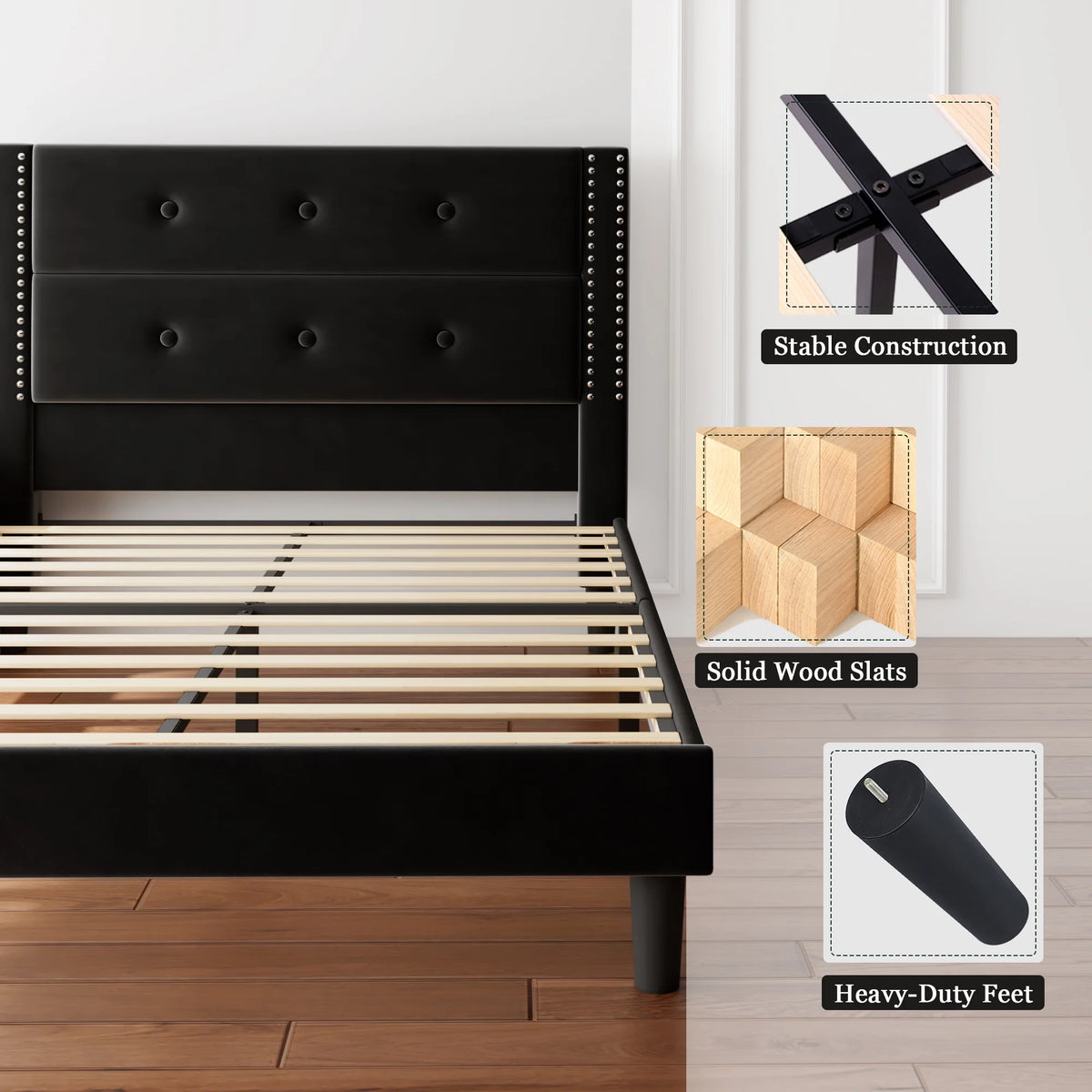 Queen Black Velvet Upholstered Platform Bed Frame with Tufting Headboard Q62681