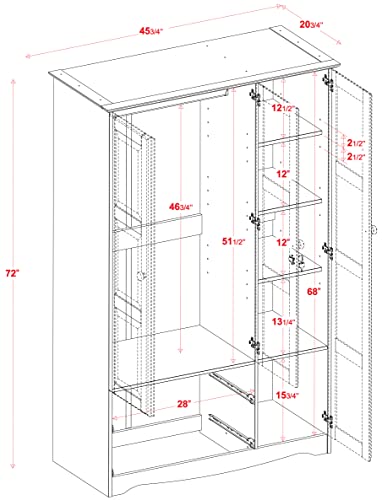 100% Solid Wood Armoire Wardrobe Closet, Java, 4 Shelves, 1 Clothing Rod, 2 Drawers, 1 Lock E852