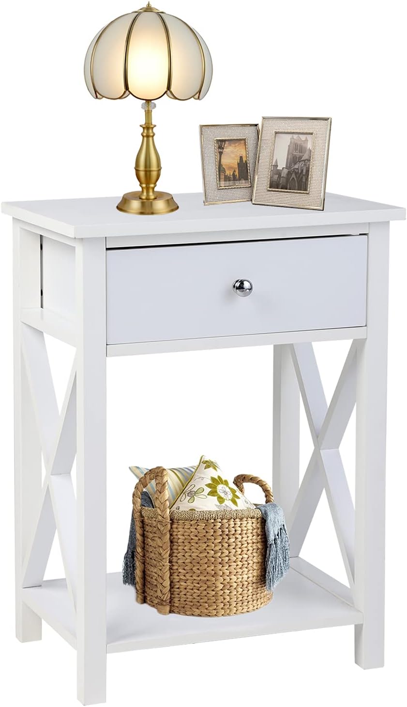 White Wooden Side End Table with Bin Drawer Set of 2 H421036