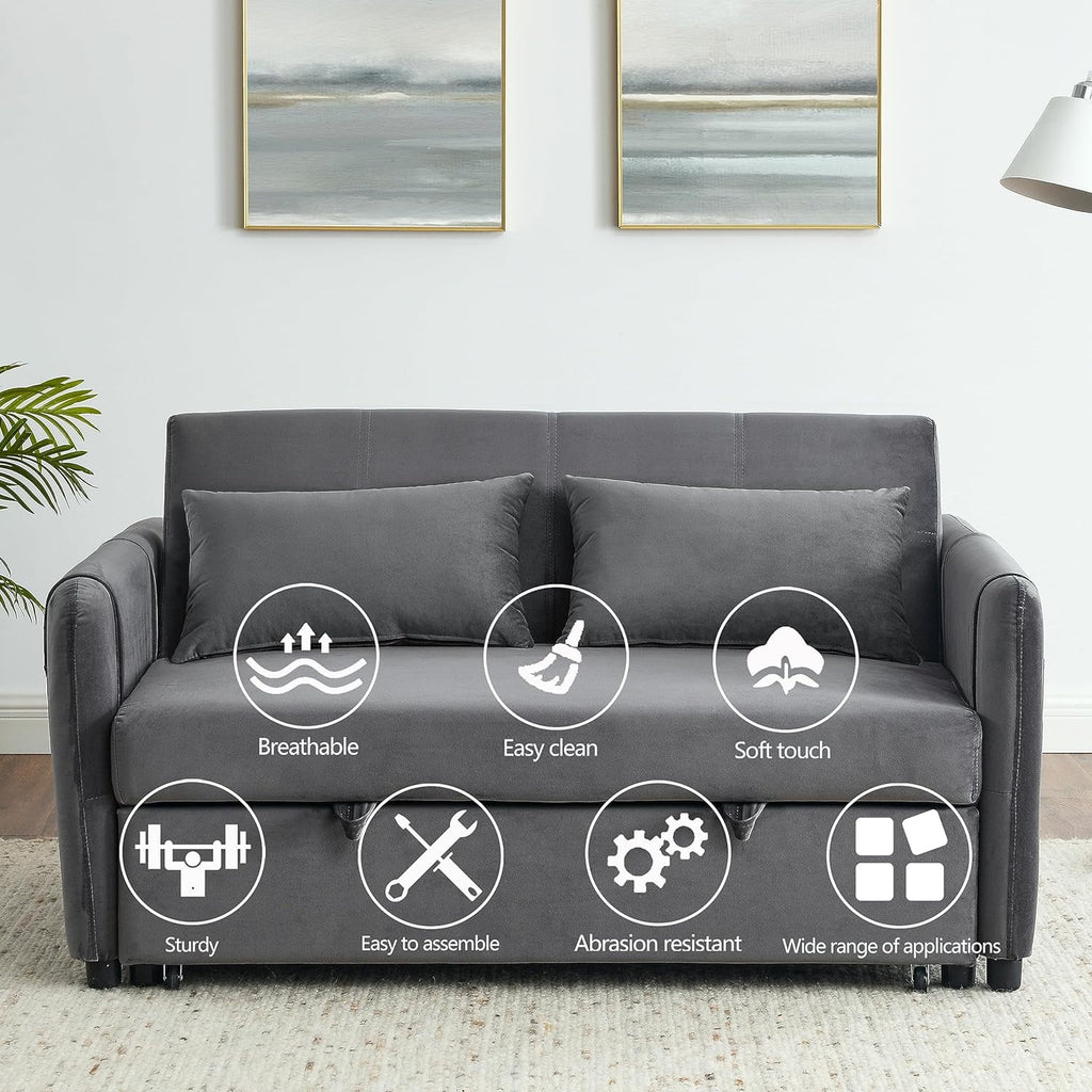 54" Velvet Convertible Sleeper Sofa Bed with Lumbar Pillows I285453