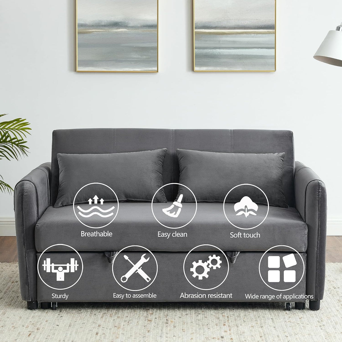 54" Velvet Convertible Sleeper Sofa Bed with Lumbar Pillows I285453