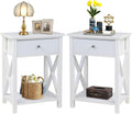 White Wooden Side End Table with Bin Drawer Set of 2 H421036