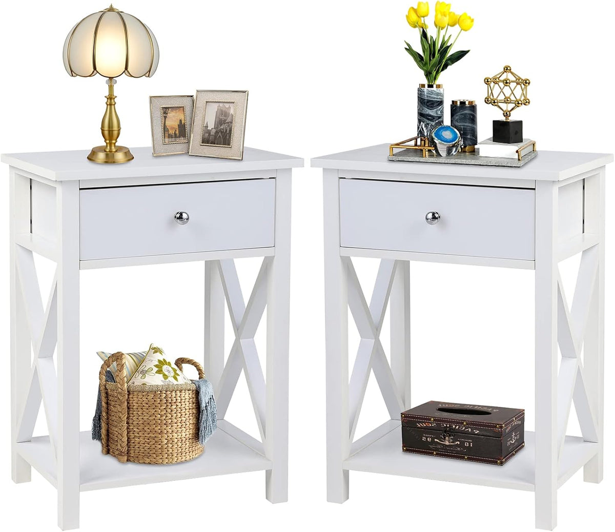 White Wooden Side End Table with Bin Drawer Set of 2 H421036