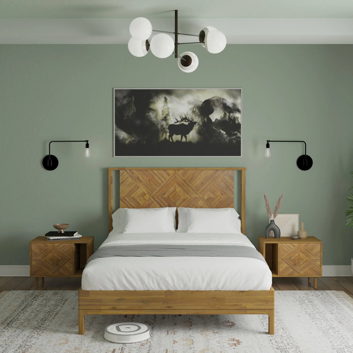 Queen Platform Bed Frame with Headboard Solid Wood Black I83270