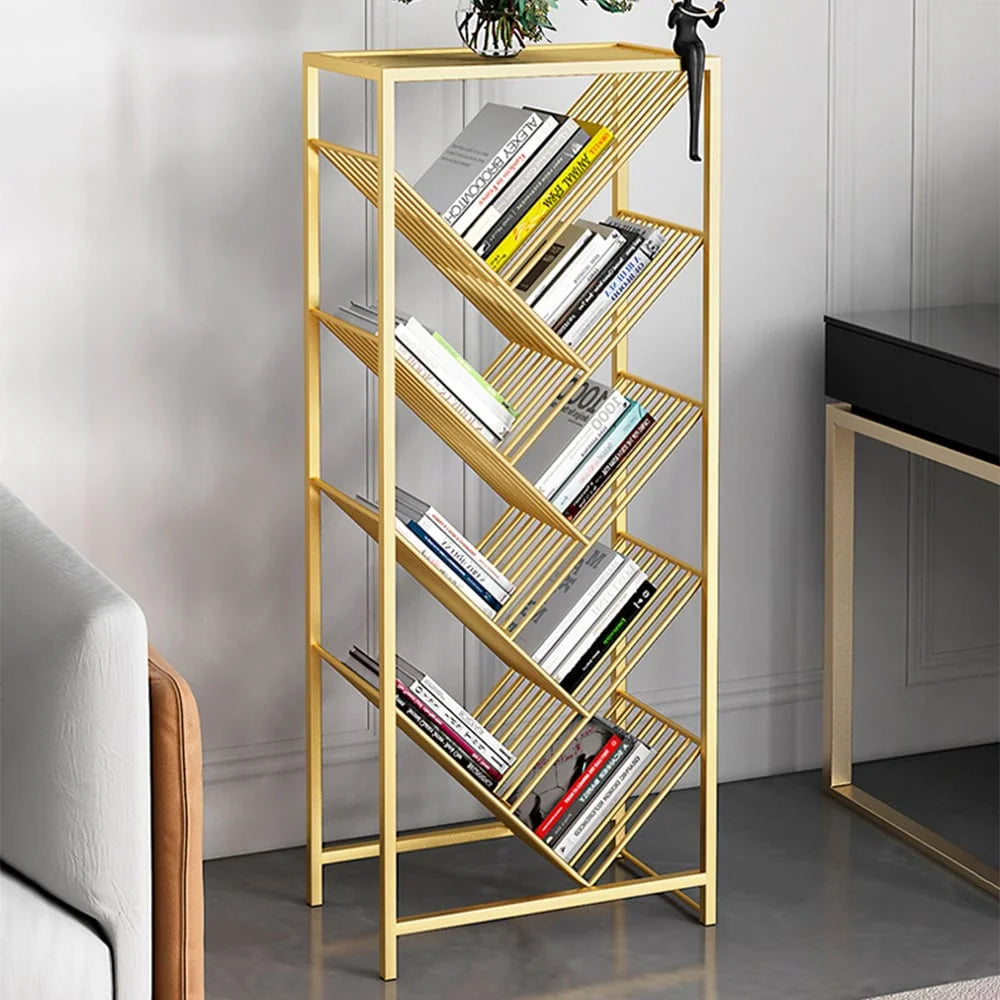 Mid-Century Rectangular Bookshelf Metal Gold Bookcase with Shelves O498500