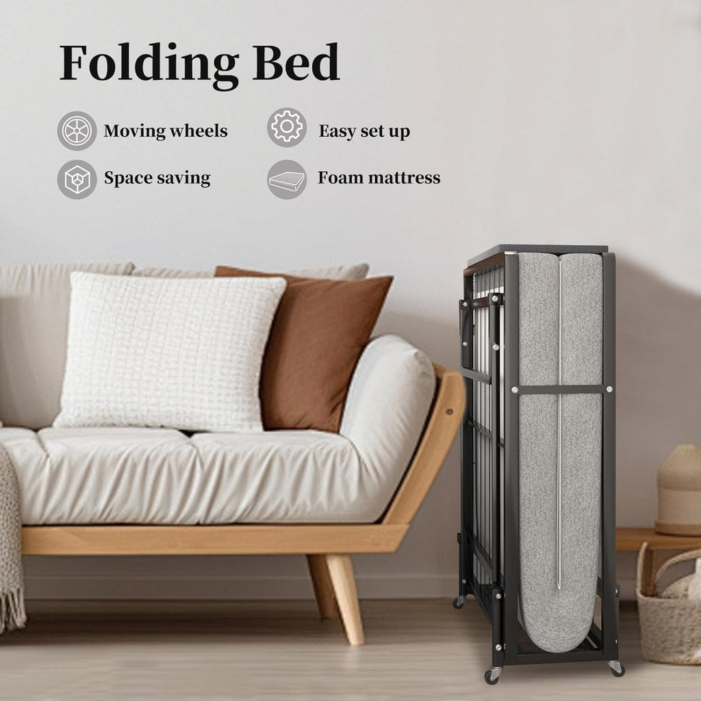 Folding Bed with 4-Inch Mattress, Metal Cot Size Rollaway Bed on Wheels O2252