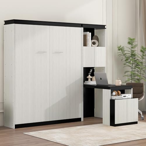 White Wood Full Murphy Bed with Desk and Storage Shelves K699845