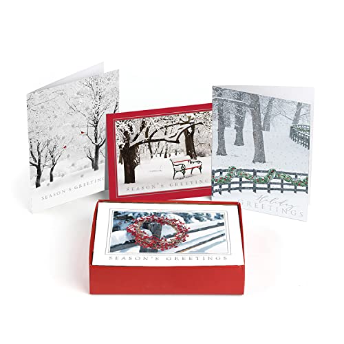 16 Boxed Snowy Cardinal Wreath Holiday Cards With Silver Foil Lined Envelopes T23801