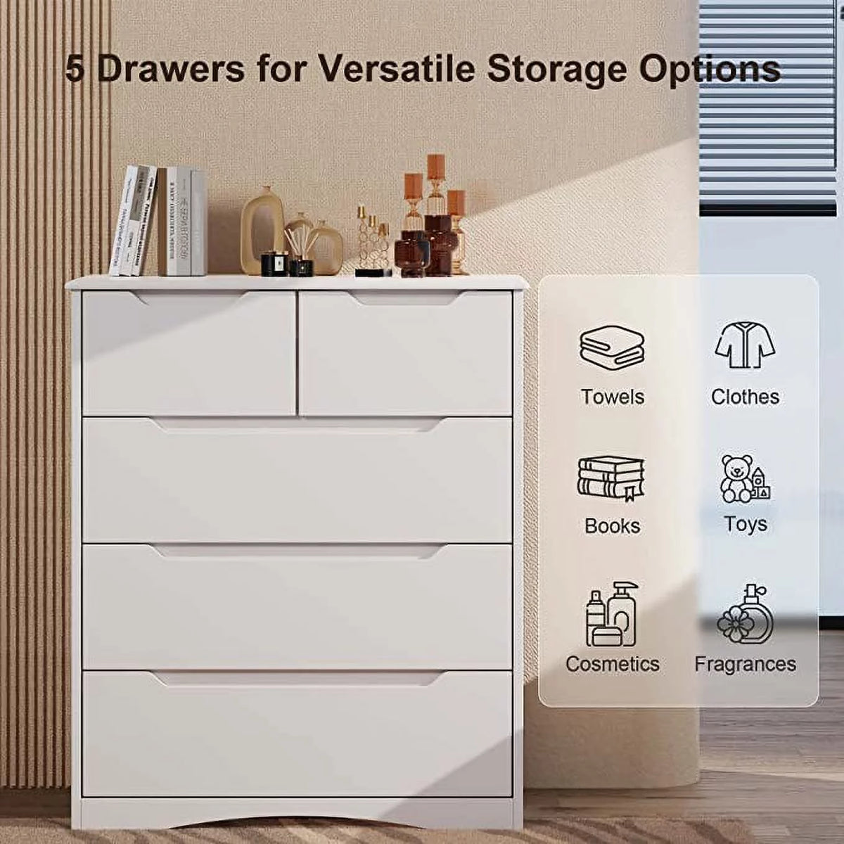 White 5 Drawer Wood Dresser R240040