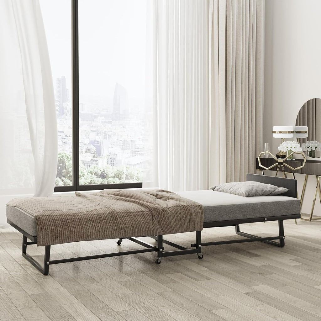 Folding Bed with 4-Inch Mattress, Metal Cot Size Rollaway Bed on Wheels O2252