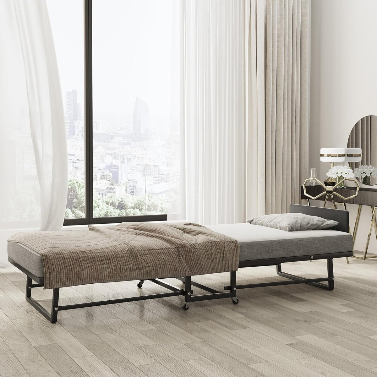 Folding Bed with 4-Inch Mattress, Metal Cot Size Rollaway Bed on Wheels O2252