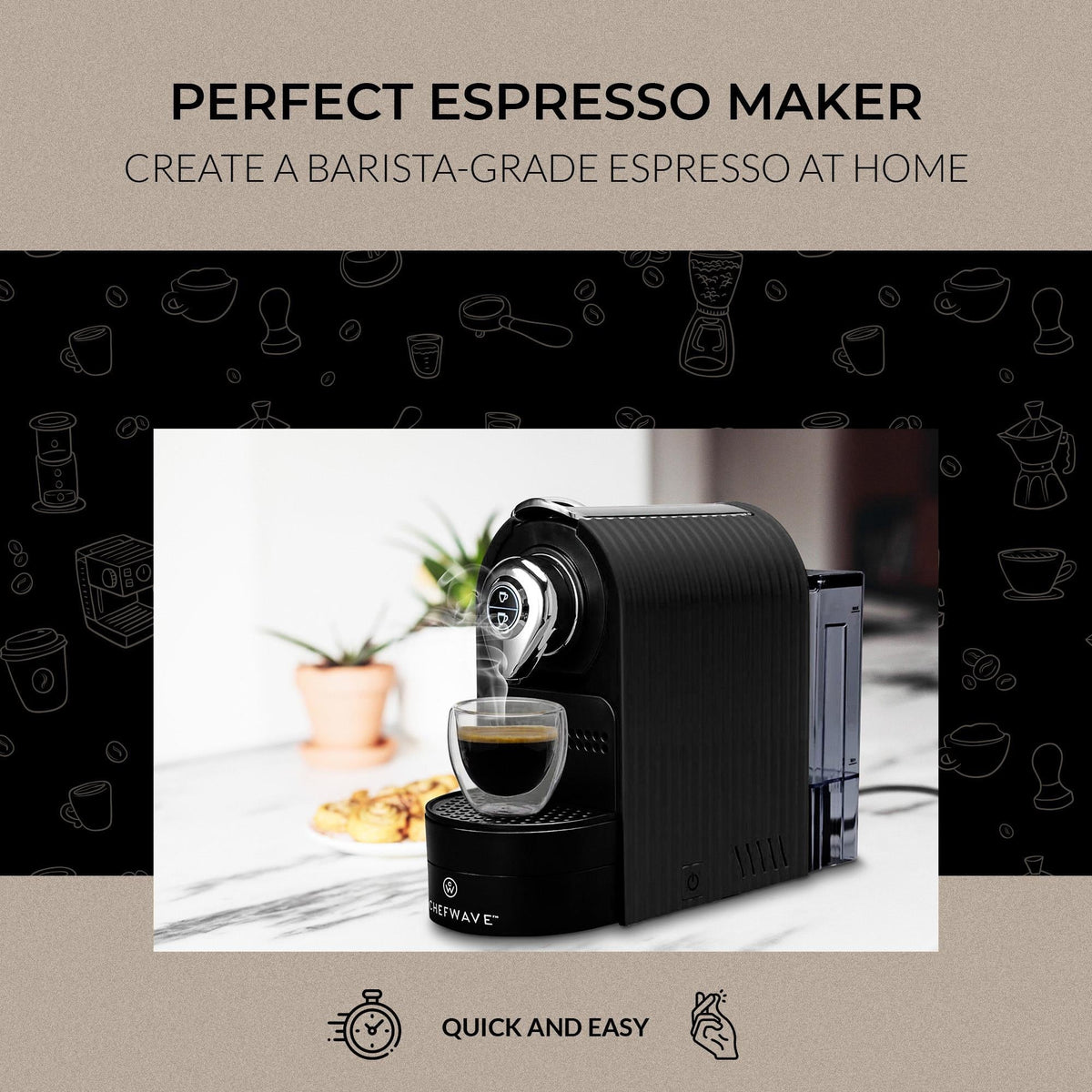 Black Espresso Machine with Cups and Milk Frother J534