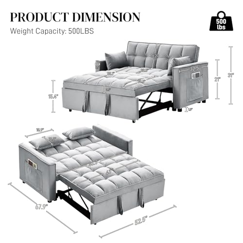 Dark Grey Velvet Convertible Sleeper Sofa Bed I295804