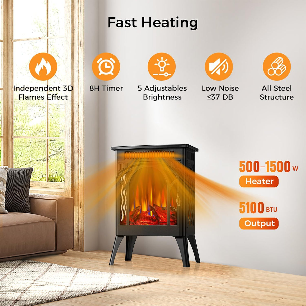 Electric Fireplace Stove, 1500W, 17" Infrared Heater, Remote Control, 8H Timer B360727
