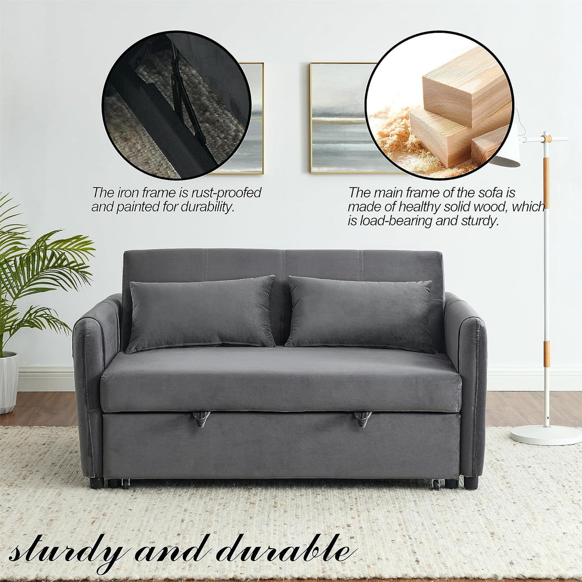 54" Velvet Convertible Sleeper Sofa Bed with Lumbar Pillows I285453