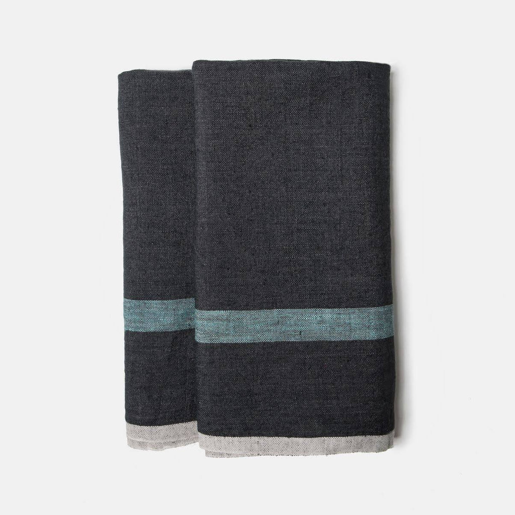 Charcoal/Aqua Laundered Linen Tea Towels, Set of 2 N58873