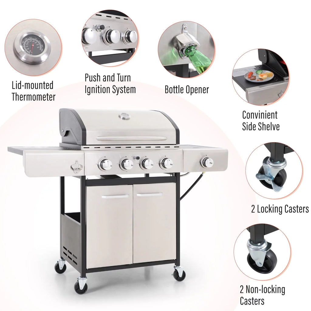 Stainless Steel Portable 4-Burner Propane Gas Grill with Side Burner R321322