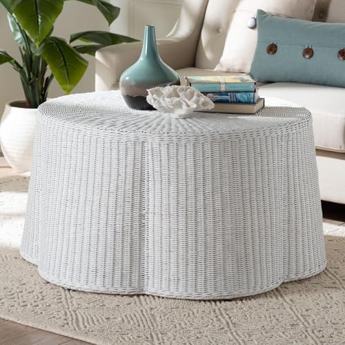 White Scalloped Rattan Coffee Table Z138846