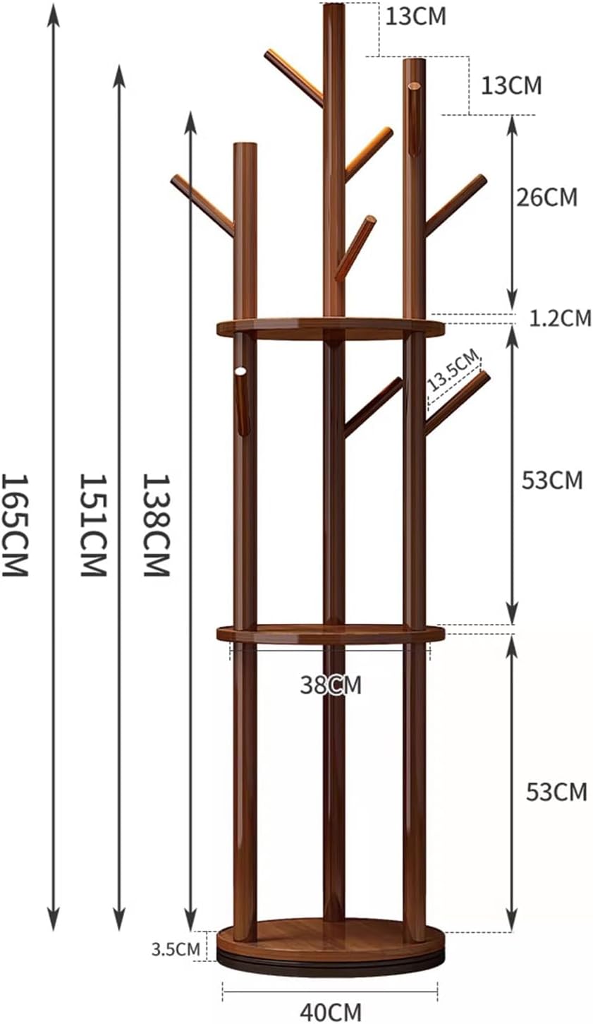 Walnut Wooden Freestanding Coat Rack with 3 Shelves and 9 Hooks J2486